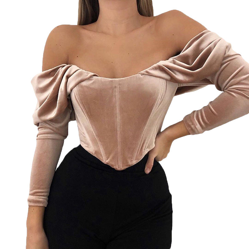 Velvet Off-Shoulder Pleated Long-Sleeved Top