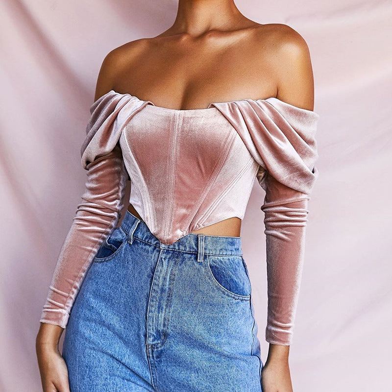 Velvet Off-Shoulder Pleated Long-Sleeved Top