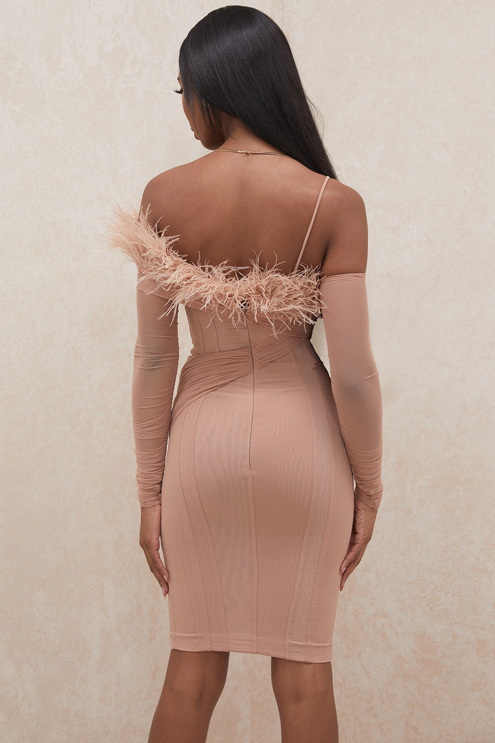 Mesh Feather Slanted Shoulder Solid Color Dress