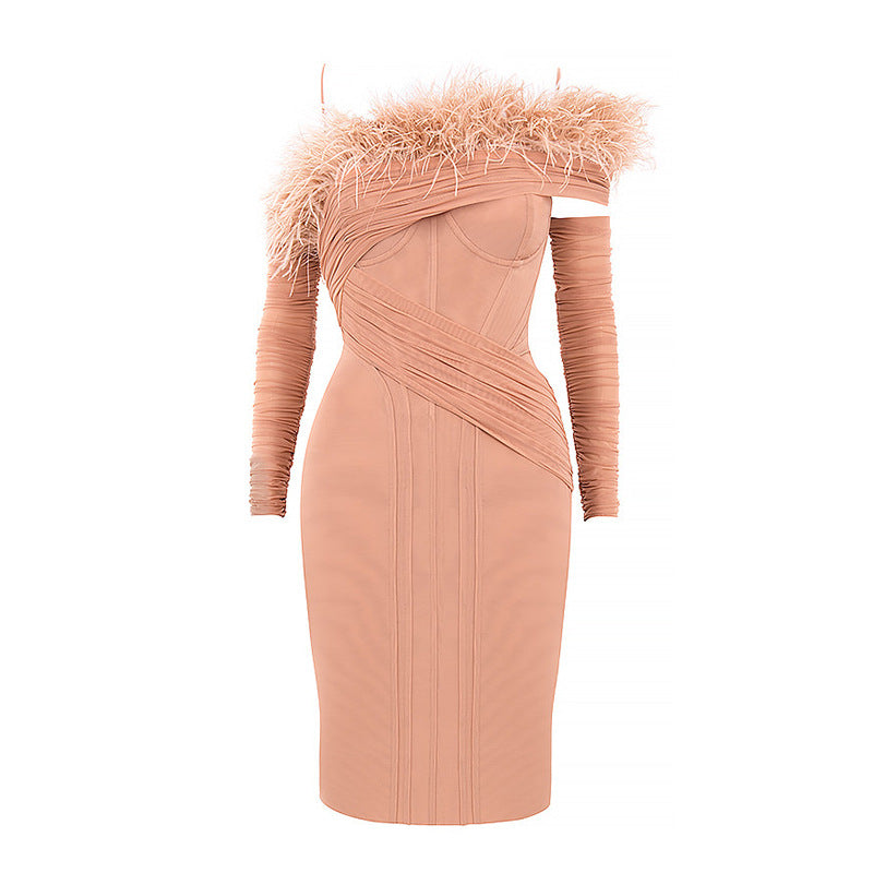 Mesh Feather Slanted Shoulder Solid Color Dress