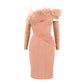 Mesh Feather Slanted Shoulder Solid Color Dress