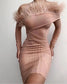 Mesh Feather Slanted Shoulder Solid Color Dress