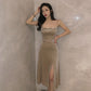 Sling Velvet Celebrity Style Split Mid-Length Dress