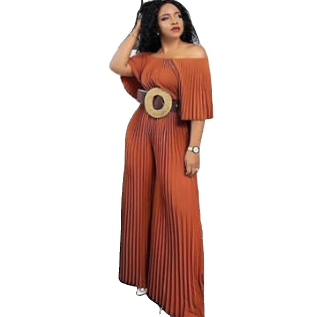 Off-Shoulder Pleated Solid Color Loose Jumpsuit