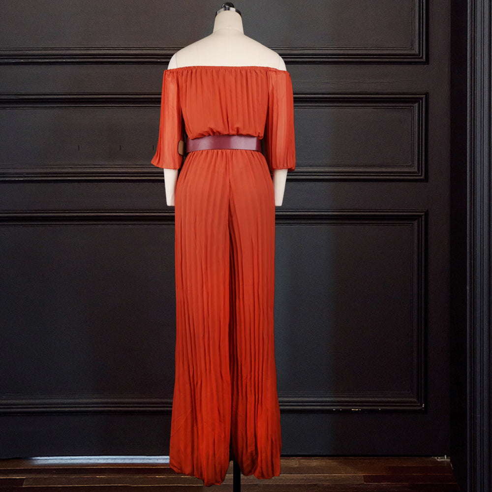 Off-Shoulder Pleated Solid Color Loose Jumpsuit