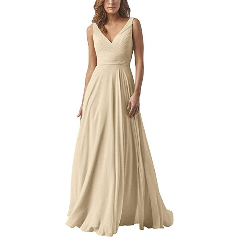 Long Chiffon Sleeveless Bridesmaid Dress Deep V Halter