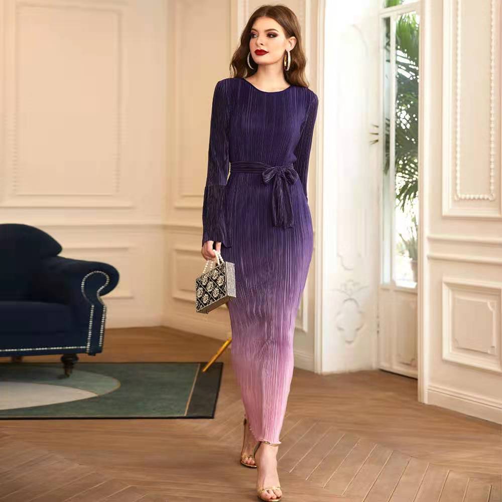 Pleated Gradient Beautiful Elastic Long Ladies Dress