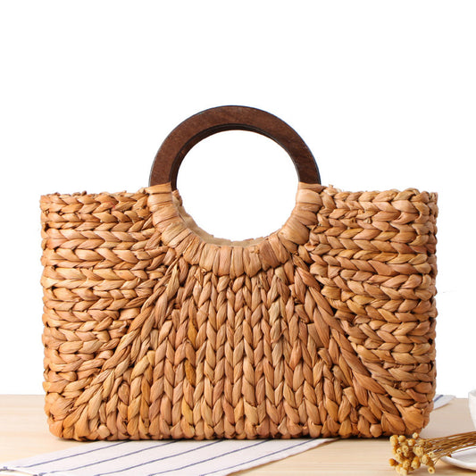 Wooden Handle Woven Bag - Corn Husk Beach Bag