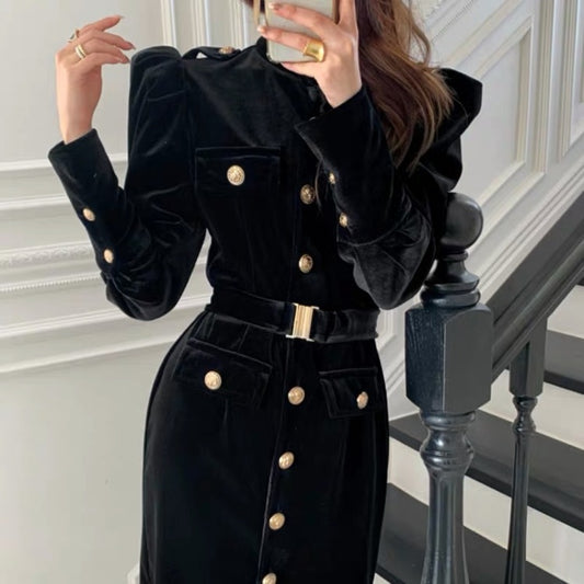 Stand-Up Collar Velvet Skirt Hepburn Black Dress