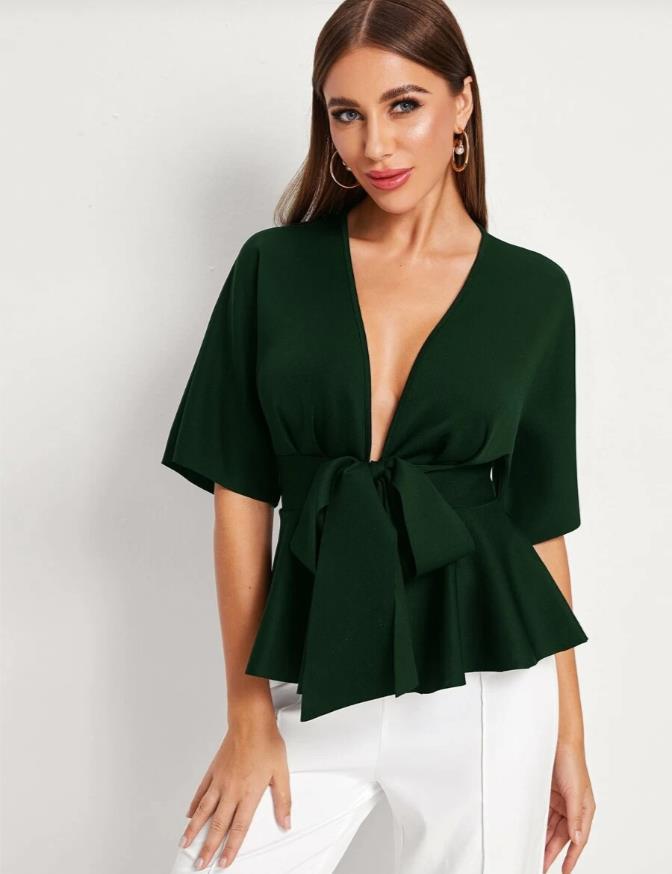 Deep V Sexy Ruffled Hem Belt Shirt