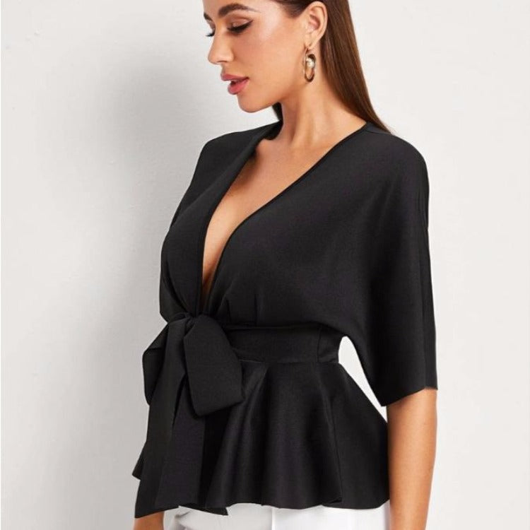 Deep V Sexy Ruffled Hem Belt Shirt