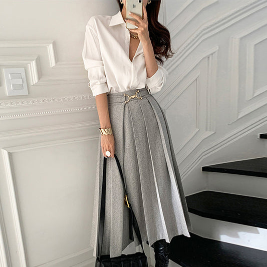 High Waist Elegant Pleated Skirt Woolen Skirt