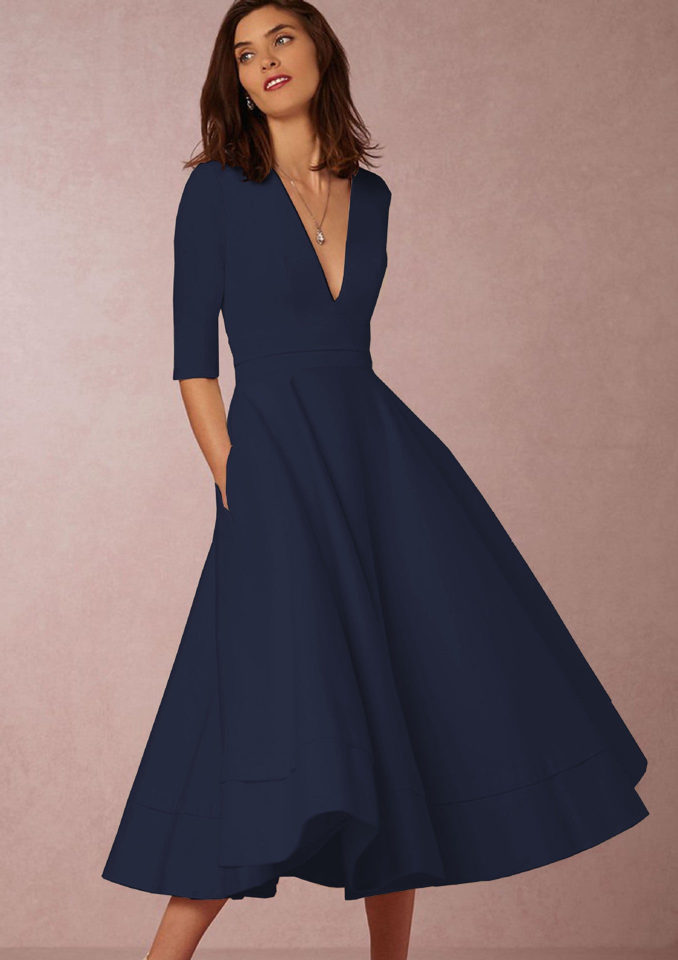 Sexy Deep V Mid-Sleeve Mid-Length Dress