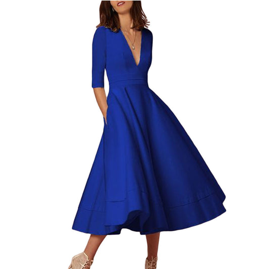 Sexy Deep V Mid-Sleeve Mid-Length Dress