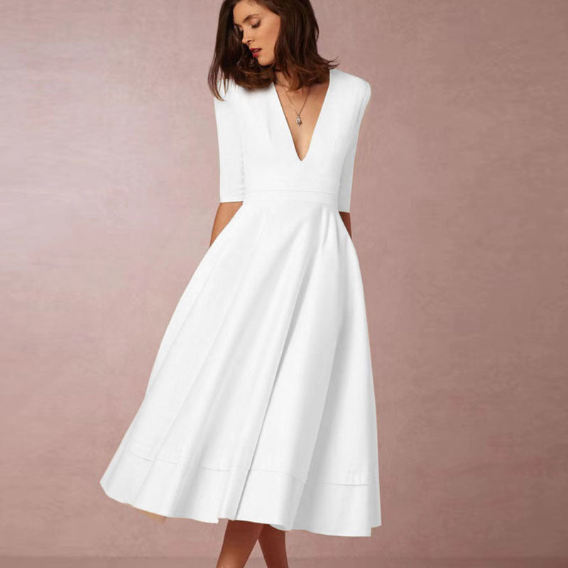 Sexy Deep V Mid-Sleeve Mid-Length Dress