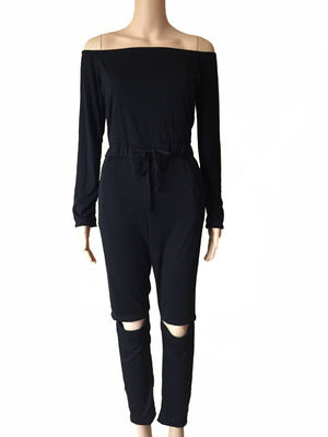 One Line Collar Oblique Shoulder Jumpsuit-Ripped Leggings