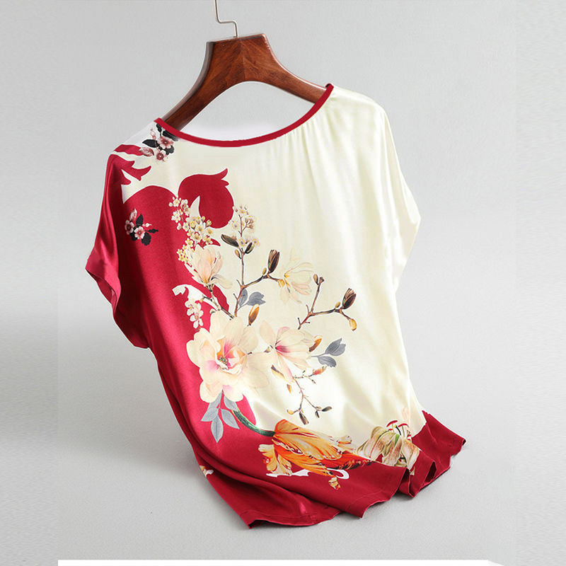 Fashion Floral Print Shirt Silk Satin_ Casual Short-sleeved Top