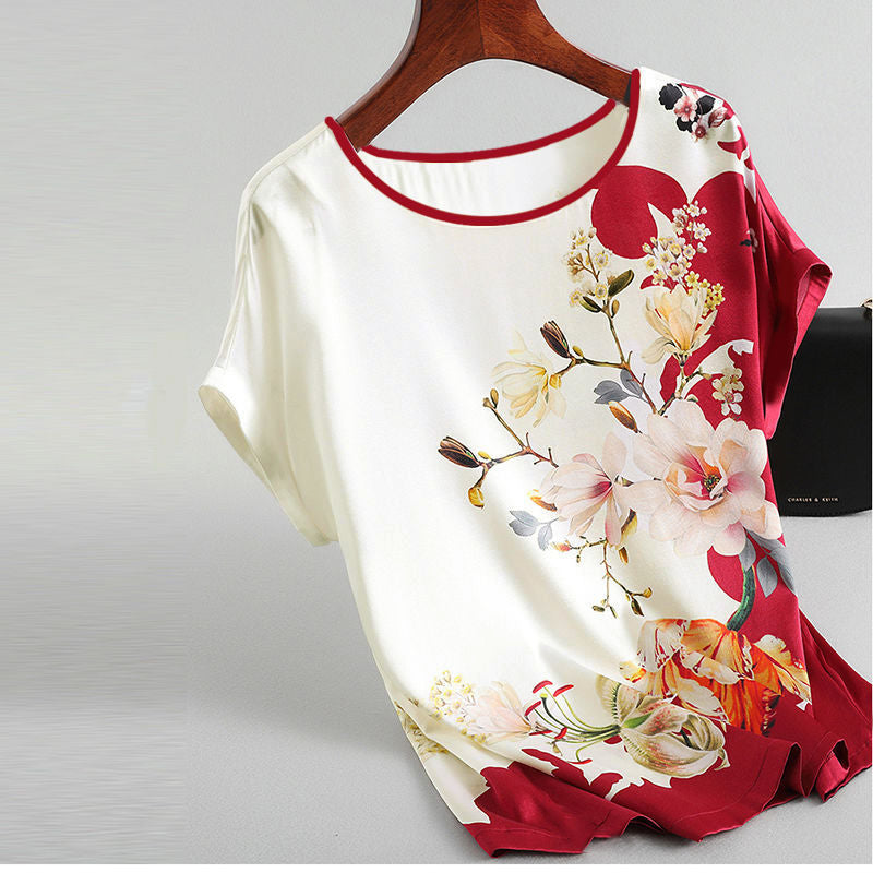 Fashion Floral Print Shirt Silk Satin_ Casual Short-sleeved Top