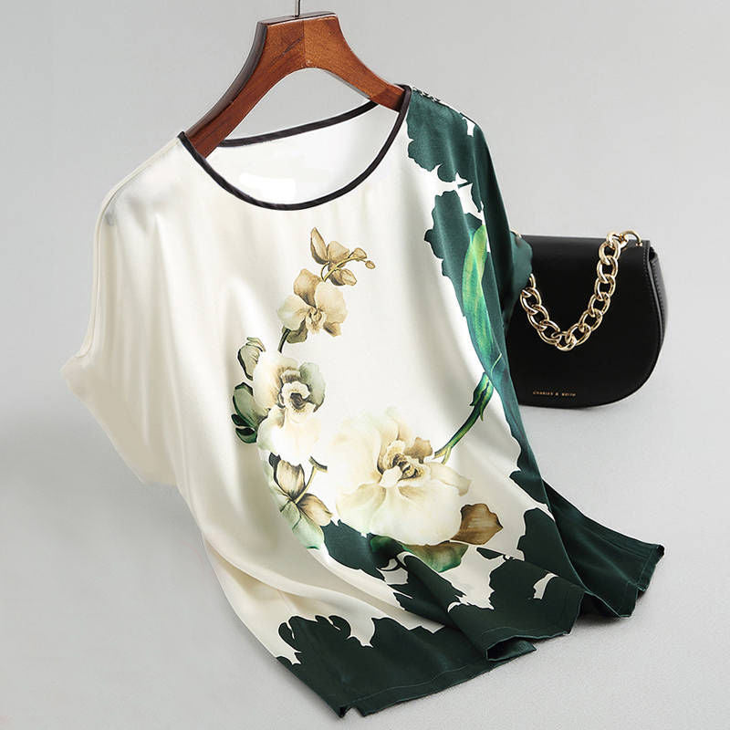 Fashion Floral Print Shirt Silk Satin_ Casual Short-sleeved Top