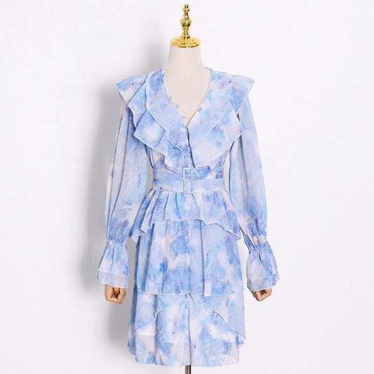 Long Sleeve V-Neck Chiffon Printed Cake Dress