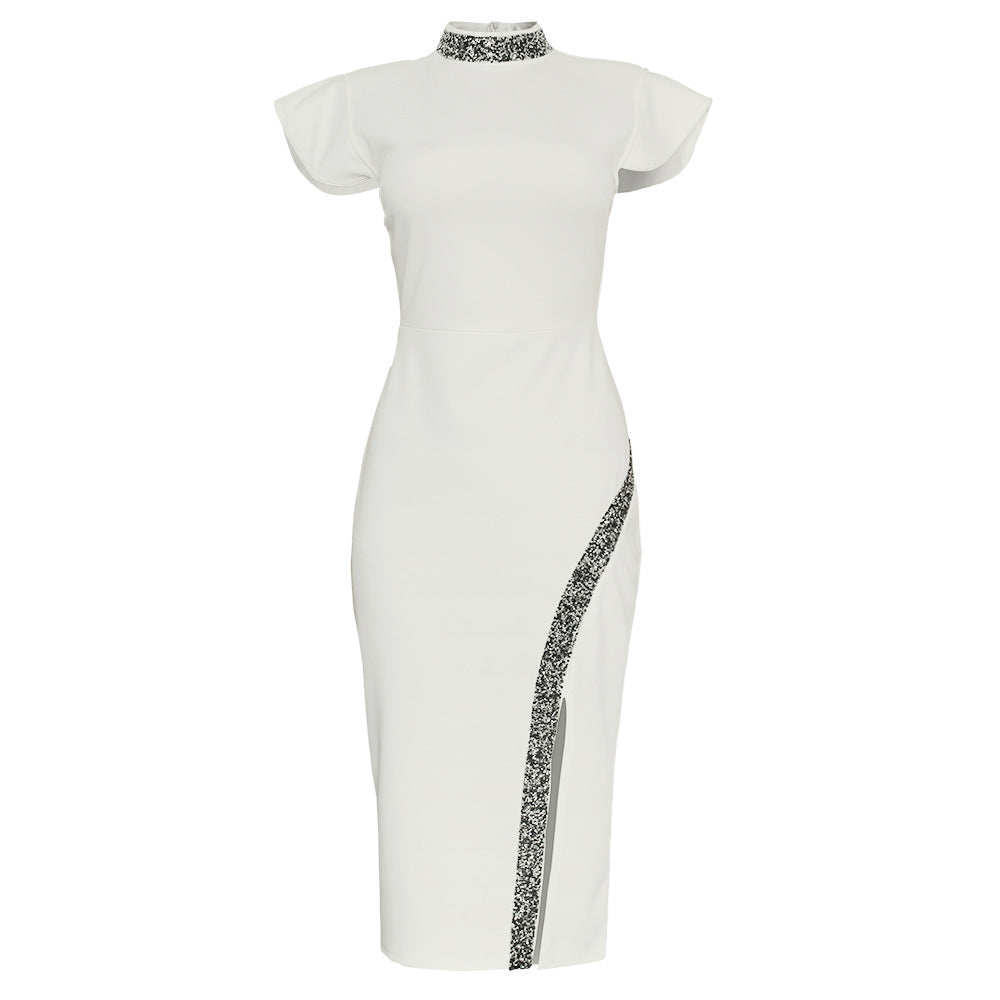 Sequined Stand-Up Collar Side Slit Slim Dress