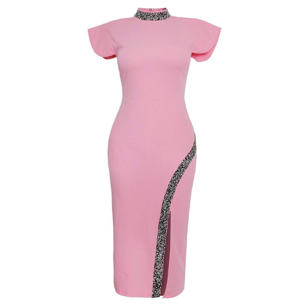 Sequined Stand-Up Collar Side Slit Slim Dress