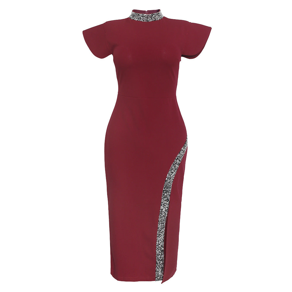 Sequined Stand-Up Collar Side Slit Slim Dress