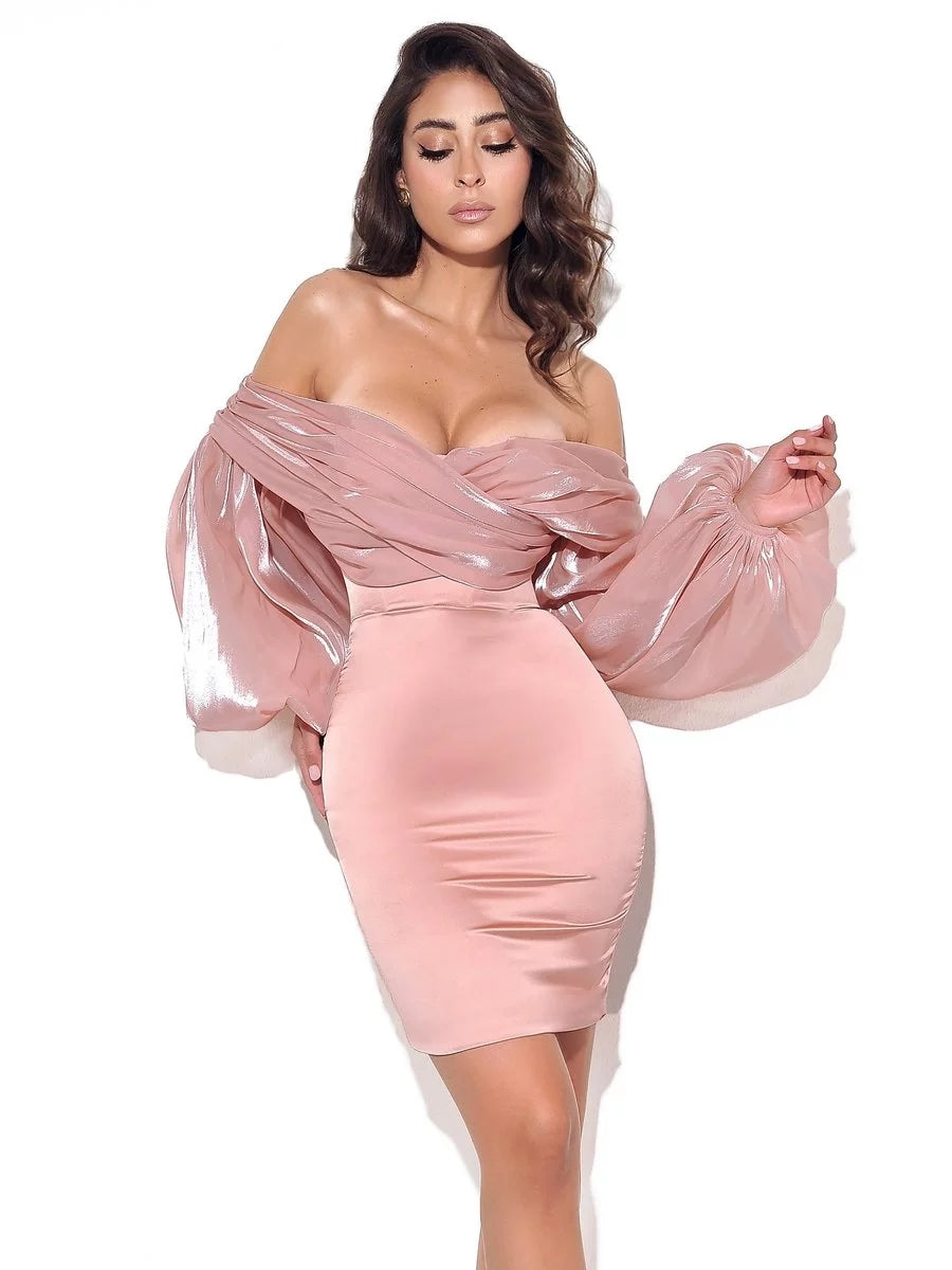 Lantern Sleeve Off-Shoulder Slim-Fit Waist Tube Top Silk Dress