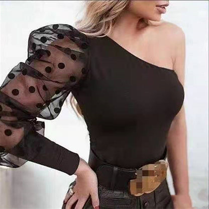 Women Mesh One Shoulder Black Polka Dot Top Tees