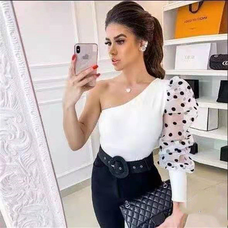 Women Mesh One Shoulder Black Polka Dot Top Tees