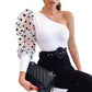 Women Mesh One Shoulder Black Polka Dot Top Tees