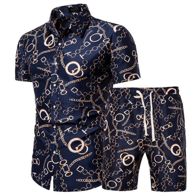 Men Short-sleeved Shirt Printed Shirt Set