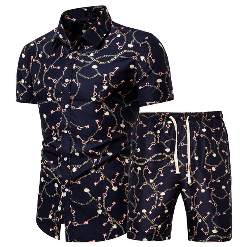 Men Short-sleeved Shirt Printed Shirt Set