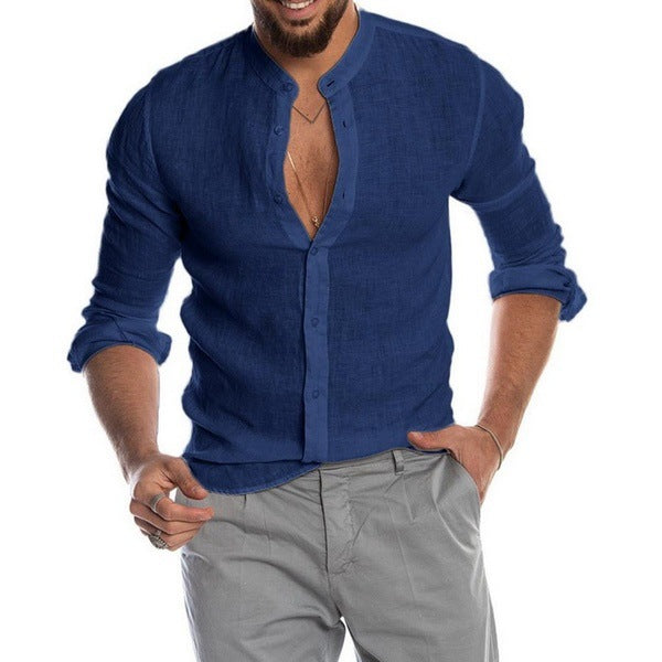 New Cardigan Stand Collar Long Sleeve Men's Shirt