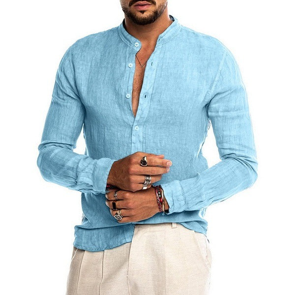 New Cardigan Stand Collar Long Sleeve Men's Shirt