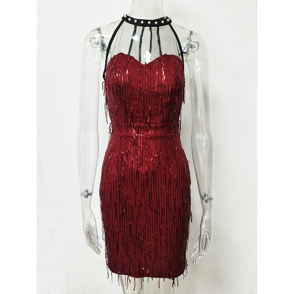 Mesh Stitched Beaded Tassel Sequin Sexy Dress