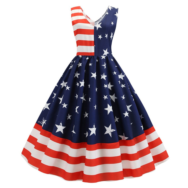 V-neck Perfect July 4th Patriot Striped Print Dress