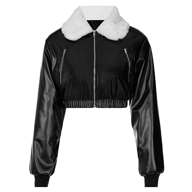 Winter Lamb Fur Lapel Zipper Long-Sleeved Crop Jacket