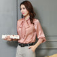 Women Bow Tie Collar Slim Silk Long Sleeve Top