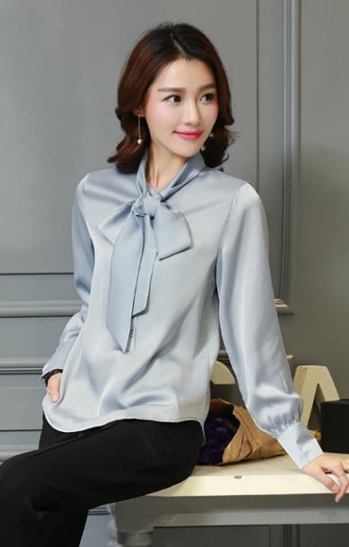 Women Bow Tie Collar Slim Silk Long Sleeve Top