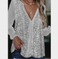 Sequined V Neck Long Sleeved Loose Shirt