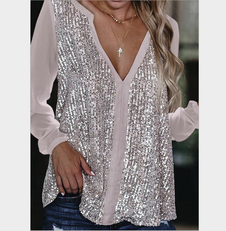 Sequined V Neck Long Sleeved Loose Shirt