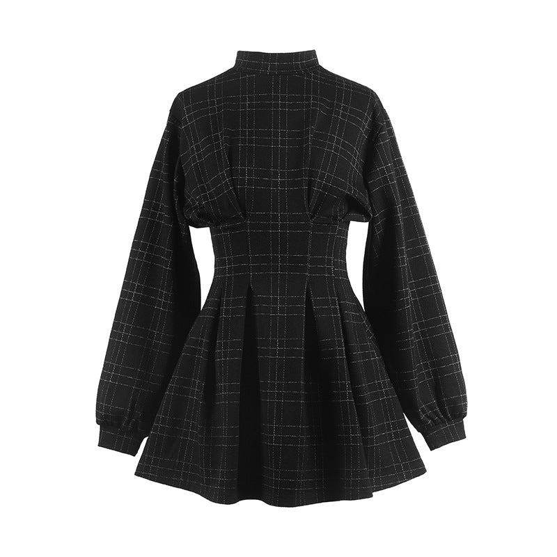 Sexy Black Plaid Dress Thin Temperament Long-sleeved