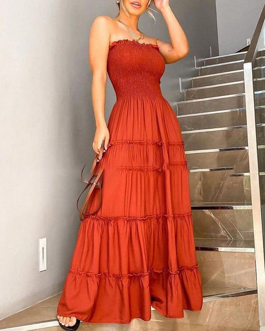 Orange Pleated Long Dress