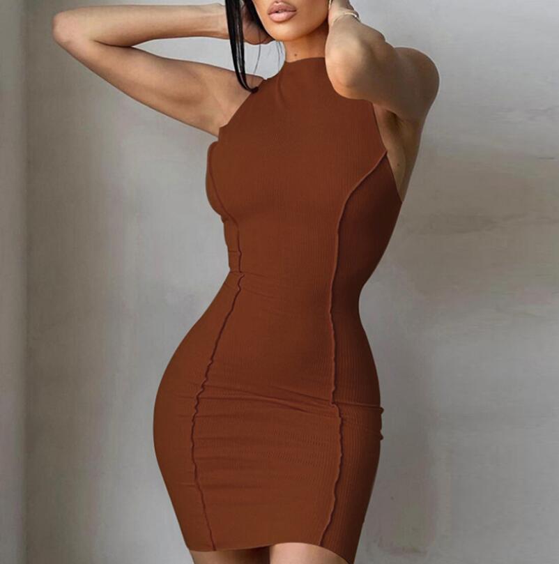 Round Neck Solid Color Slim Fit Hip Dress