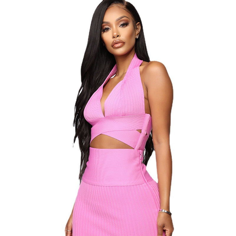 Two-piece Sexy Halter Halter Top  Hip Skirt