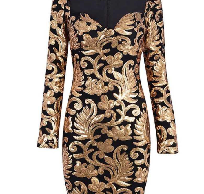 Party Dress Long Sleeve Sequined Deep V Gold Mini Dress