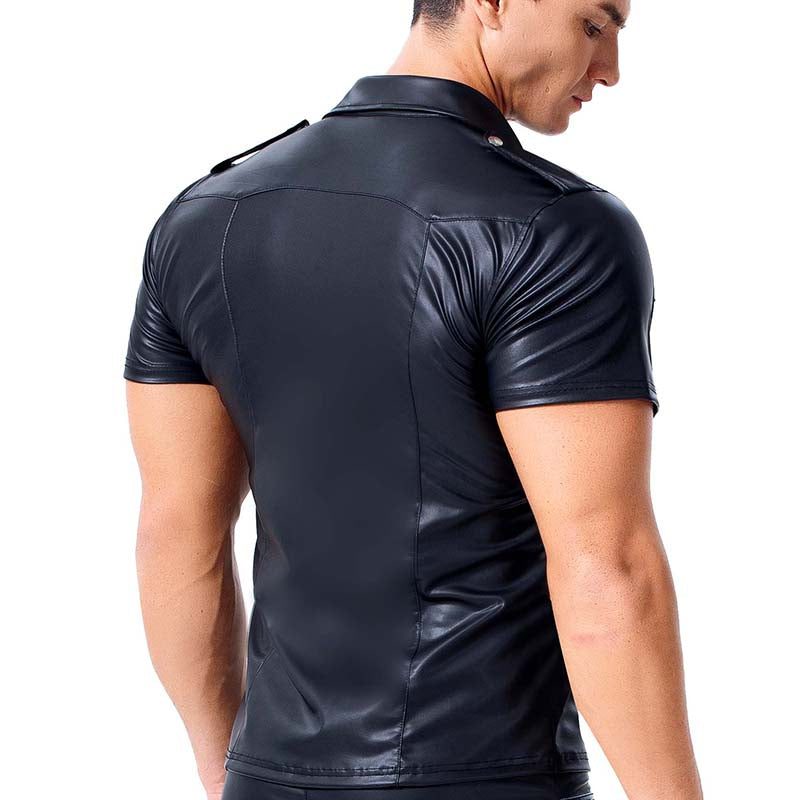 Men's Leather Skinny Short-sleeved Shirt