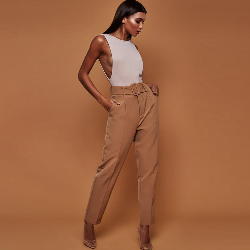 High Waist Belted Straight Suit Pants