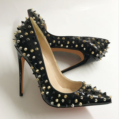 Black Patent Leather Rivet High Heels Female Pointed Stiletto